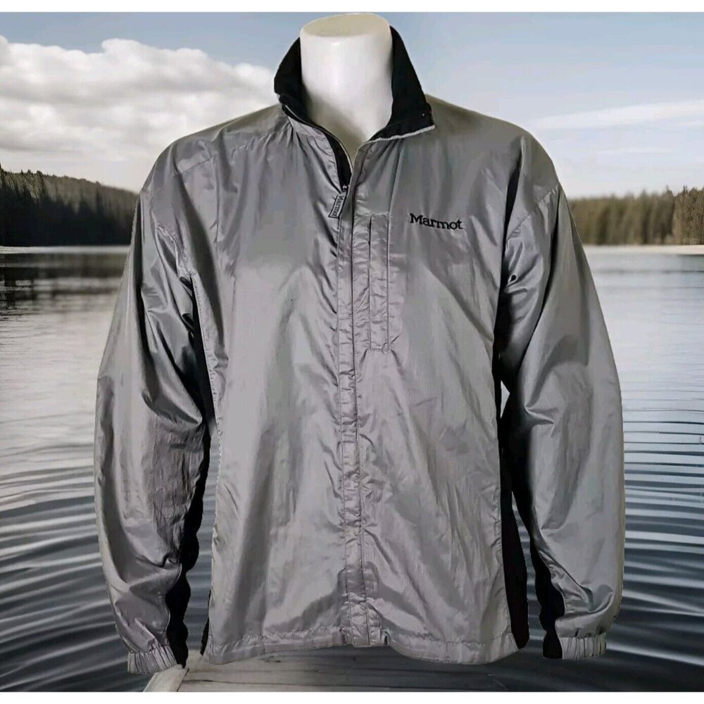 Marmot PreCip Rain Jacket Mens L Gray Lightweight Ripstop Stretch Panel Full Zip